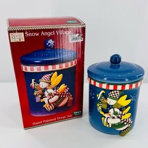 Sakura‎ Debbie Mumm Snow Angel Village 3D Snowmen Ceramic Cookie Canister Jar